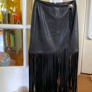 Sharis Place long black leather fringe skirt